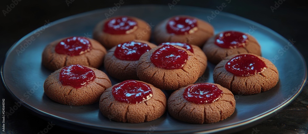 Poster gingerbread cookies with red jam on a dark circular plate creating a festive arrangement perfect for