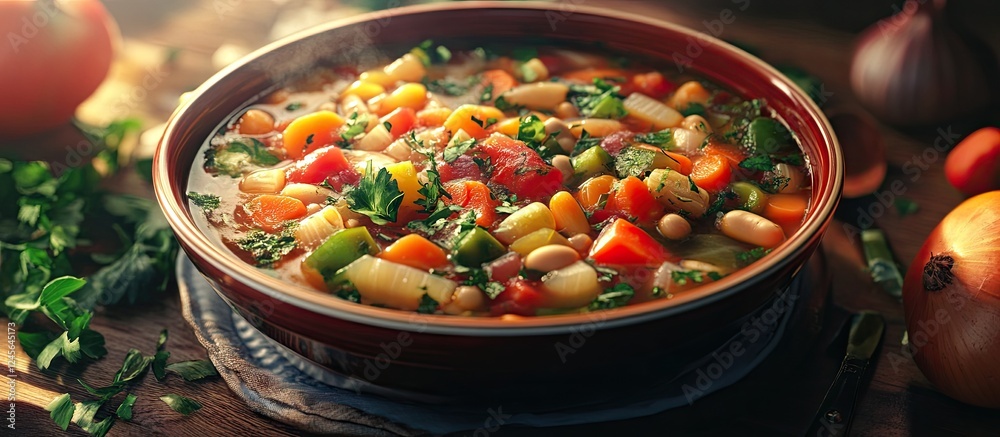 Poster hearty minestrone soup in a deep brown bowl filled with colorful vegetables like red peppers and gre