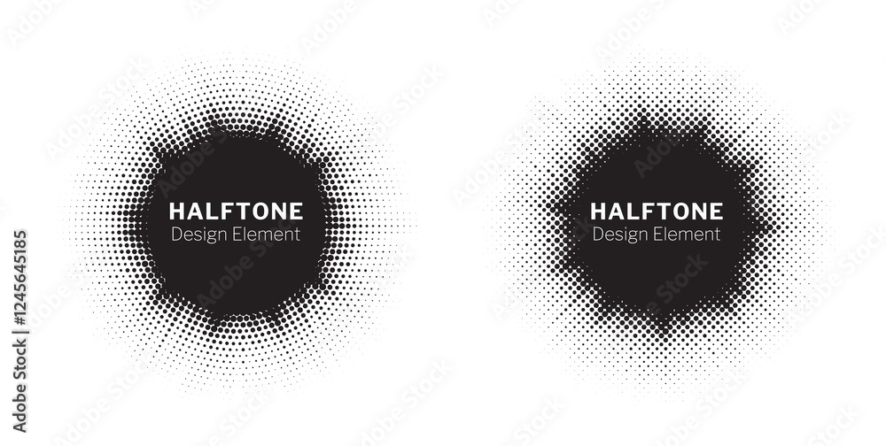 Poster Halftone circle frame background set. Round border Icon using halftone random circle. Grunge circular stain. Vector illustration.