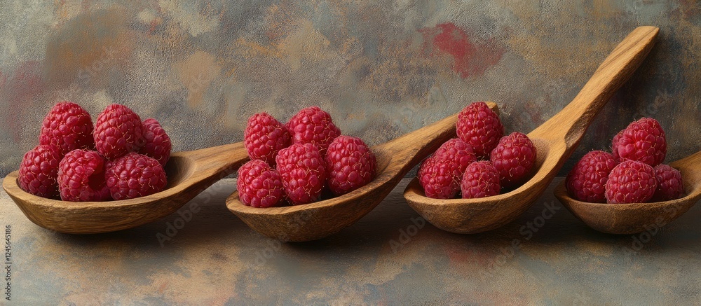 Poster vibrant red raspberries arranged in four wooden scoops on a textured gray stone background showcasin