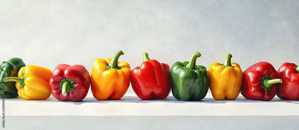 Poster vibrant bell peppers in red yellow green arranged on a white table with a soft gray background perfe