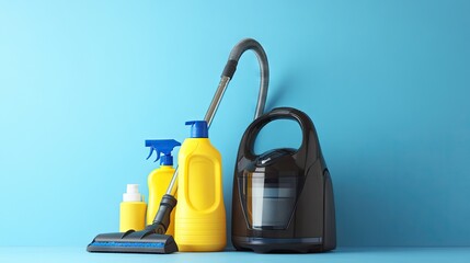 Fototapeta premium A vacuum cleaner positioned next to a collection of cleaning products, ready for deep cleaning.