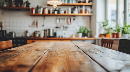 Fototapeta premium A warm-toned kitchen with a wooden dining table being cleaned first.