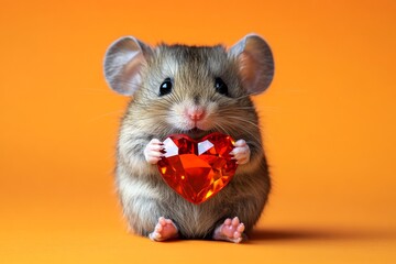 Ad pattern. Mouse - my desired animal. Ad campaign concept. Cute mouse baby with diamond red heart - sign of love, funny greeting card. Valentine's pet love. Wild animal valentines art.