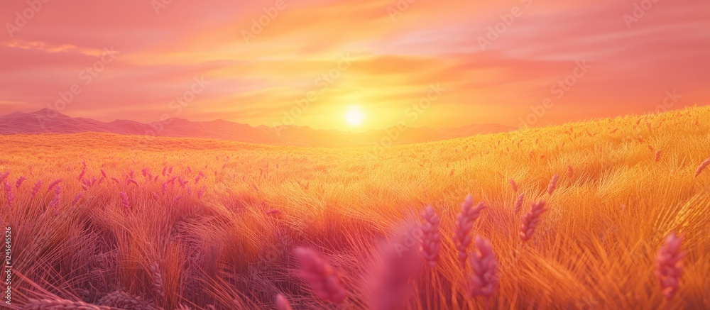 Poster vast golden yellow wheat field under a vibrant pink sunset with soft clouds in the sky creating a tr
