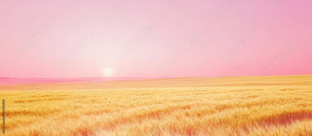 Poster golden yellow wheat field stretching horizontally under a soft pink sunset with smooth gradients in 