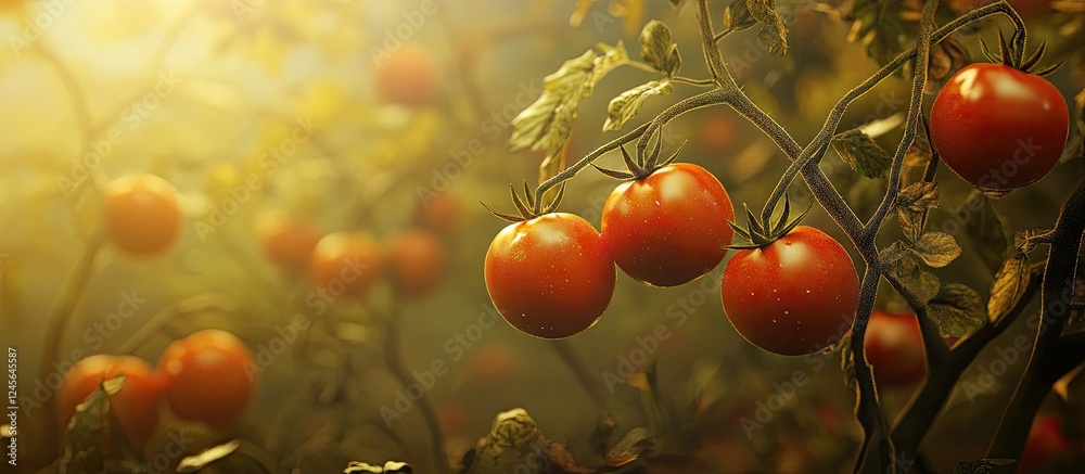 Poster vibrant red tomatoes on green branches illuminated by soft golden light in a lush garden setting sho