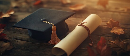 Elegant black mortarboard cap positioned left of a rolled diploma scroll on textured wood, surrounded by autumn leaves, symbolizing education and achievement.