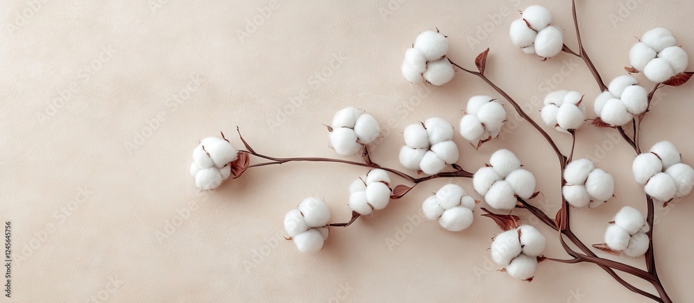 Poster delicate white cotton balls arranged gracefully on the left side of a soft beige background creating