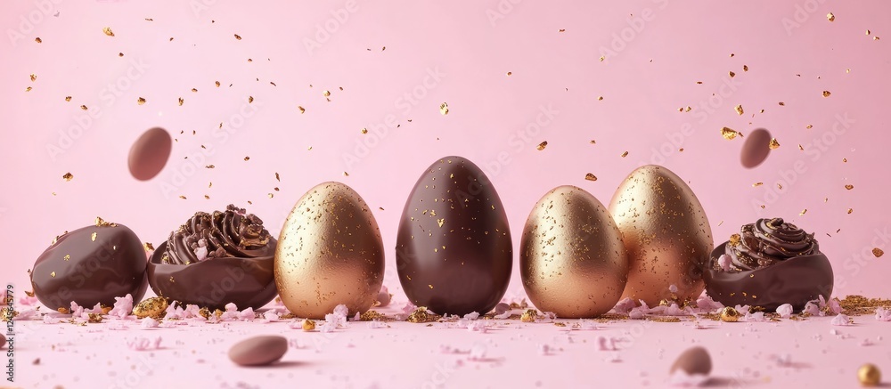 Poster colorful easter chocolate eggs and praline candies arranged on a soft pink backdrop with golden eggs