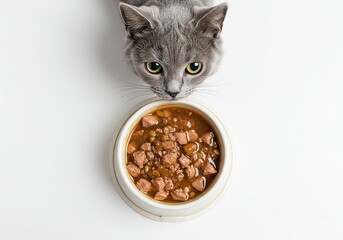 Cat Looking at Food Bowl Gray Cat Anticipating Meal,  Wet  Cat  Food,  Pet  Nutrition  and  Feeding,  Top-Down  View,  Pet  Care  and  Domestic  Animals. 