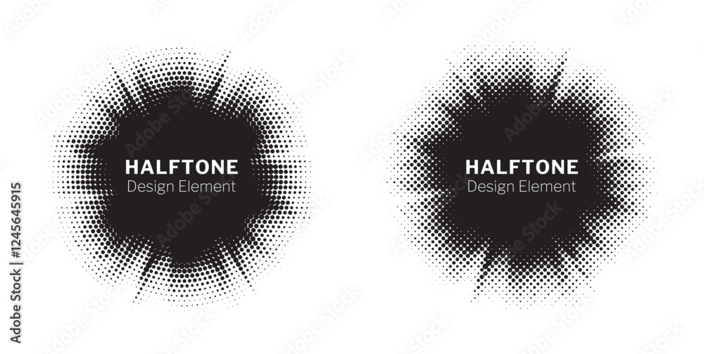 Poster Halftone circle frame background set. Round border Icon using halftone random circle. Grunge circular stain. Vector illustration.