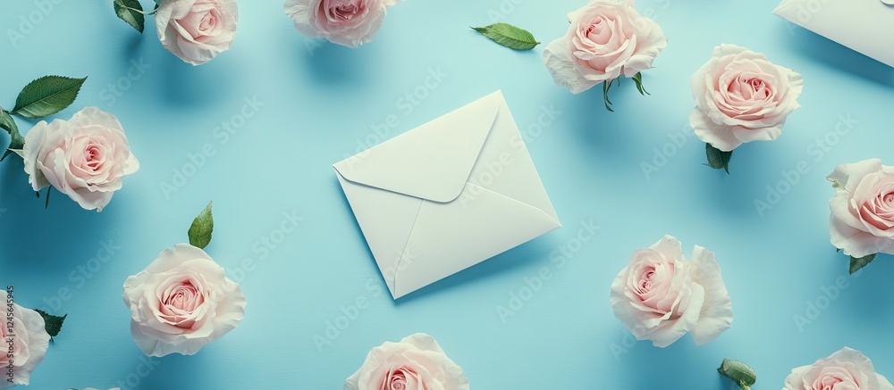 Poster blank greeting card mockup with soft pink roses and a white envelope on a light blue background arra