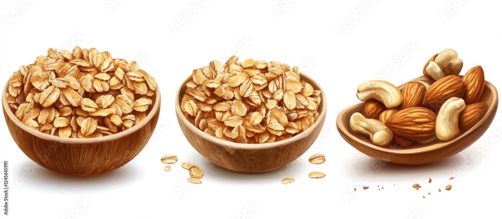Poster Assorted nuts and oats in wooden bowls arranged in a row on a white background featuring golden brown colors and textured surfaces.