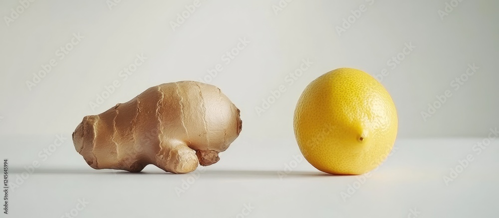 Poster Ginger root in earthy beige color and bright yellow lemon displayed separately on a clean white background emphasizing their unique textures.
