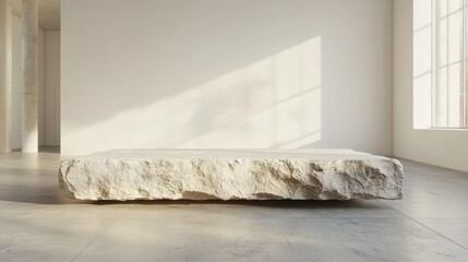 A contemporary stone podium with sharp edges, placed in a sparse room with white walls