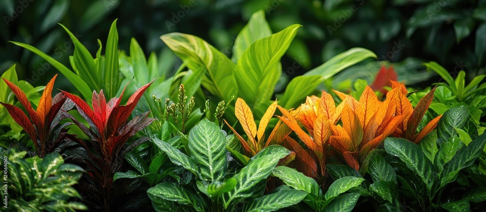 Aufkleber lush tropical plants display vibrant green and orange leaves with moisture droplets creating a seren
