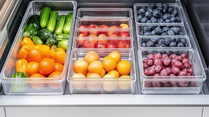 A well-organized fridge with fresh produce and clear storage bins.