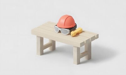 Safety gear on workbench, construction site background, safety, work