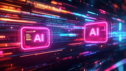 Obraz premium Neon Digital Background with AI Symbols and Glowing Lines, Representing Artificial Intelligence and Futuristic Technology in a Modern Environment