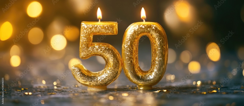 Poster golden anniversary candle in metallic gold finish displaying the number 50 with flickering flames ag