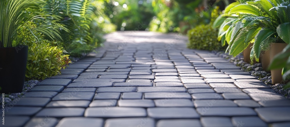 Poster lush green plants flank a serene gray cobblestone pathway creating an inviting atmosphere perfect fo