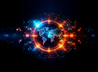 A digital world map glows in vibrant blue and orange, surrounded by concentric circles and bright light effects on a dark backdrop.