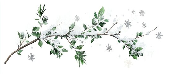 Fototapeta premium Serene image of a slender green branch with lush leaves and delicate snowflakes against a bright white background showcasing winter and nature harmony