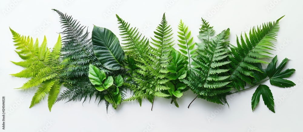 Aufkleber lush green fern leaves and tropical plants arranged in a row on a clean white background creating a 