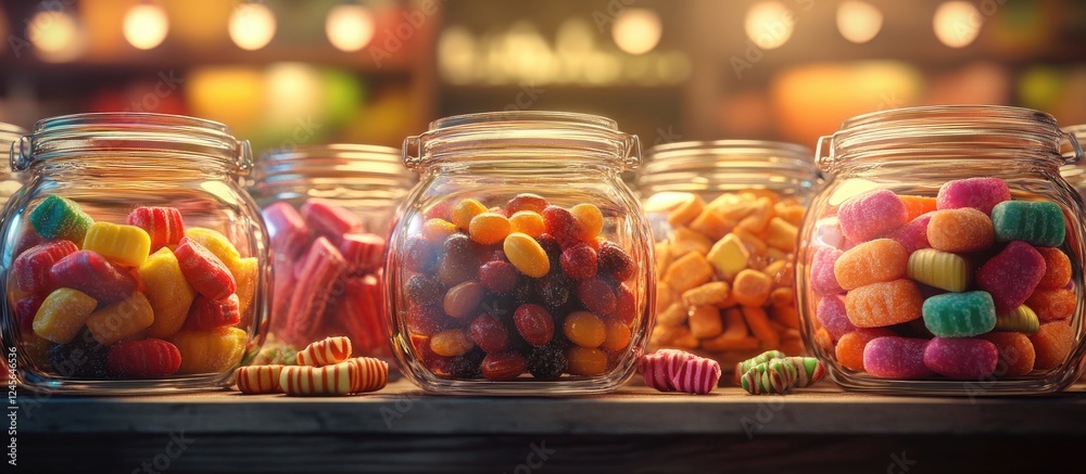 Poster Colorful glass jars filled with assorted candies and toffees displayed on a wooden table with warm bokeh lights in the background creating a vibrant atmosphere