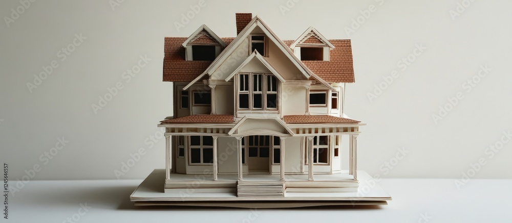 Aufkleber Framed 3D Paper House Model in Soft Beige and Red Tones with Intricate Details Centered on a Light Background against a Minimalistic Display
