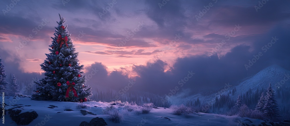 Poster serene winter landscape featuring a snow-covered evergreen tree adorned with colorful ornaments unde