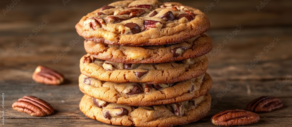 Poster delightful stack of golden-brown chocolate chip cookies with pecans on a rustic wooden table with wa