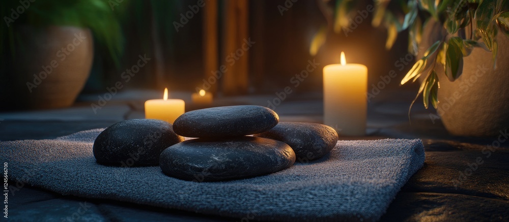 Poster serene massage stones on soft grey cloth with warm glowing candles in soft focus background creating