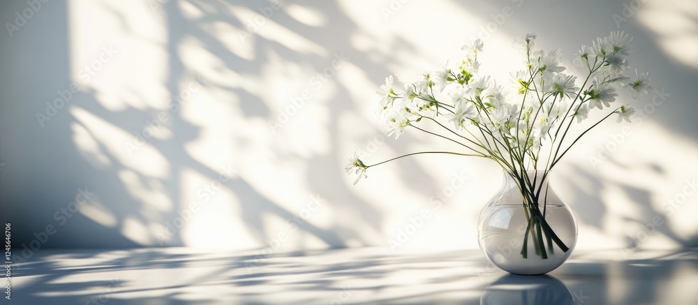 Leinwandbilder Delicate white flowers in a simple vase cast soft shadows on a light background, creating a serene and minimalist floral arrangement scene.