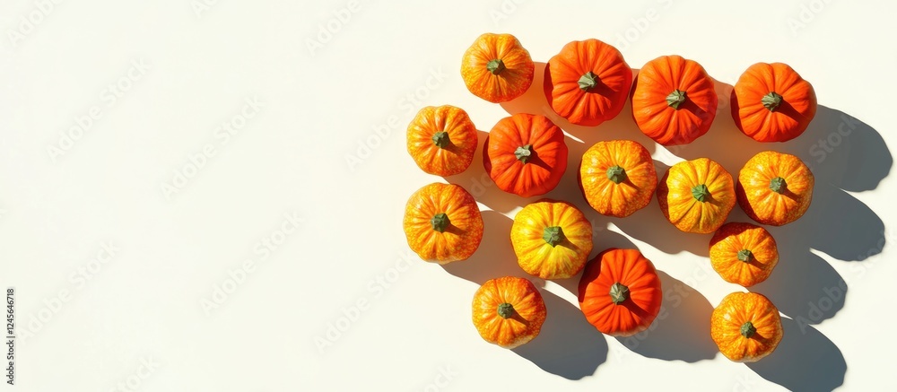 Leinwandbilder top view of vibrant orange and yellow pumpkins arranged on a light neutral background casting distin