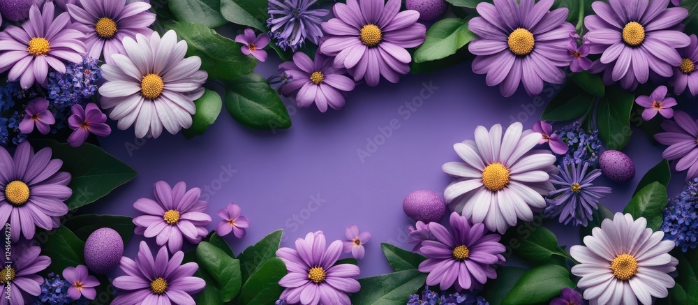 Poster vibrant top view of purple spring flowers and daisies on a violet backdrop creating a festive atmosp