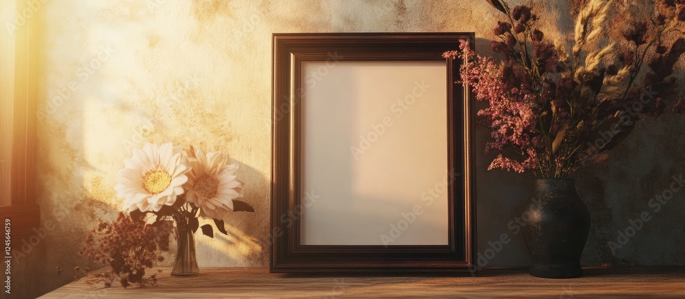 Fototapete empty vertical wooden frame on a rustic table with muted flowers and dark vase, soft golden sunlight