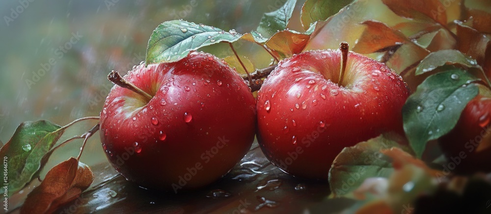 Poster close up of lush red apples with green leaves and sparkling water droplets on a rustic wooden surfac