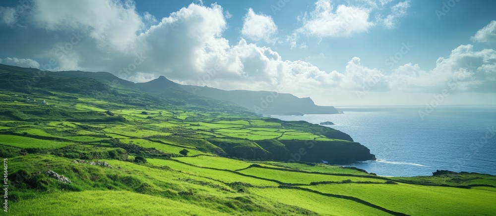 Poster lush green hills under a bright blue sky with white clouds, coastal scenery with vibrant greenery an