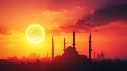Sunset Mosque Silhouette, Cityscape, Ramadan,  Fiery Sky, Spiritual