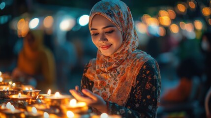 Woman in hijab praying at night market with lit candles