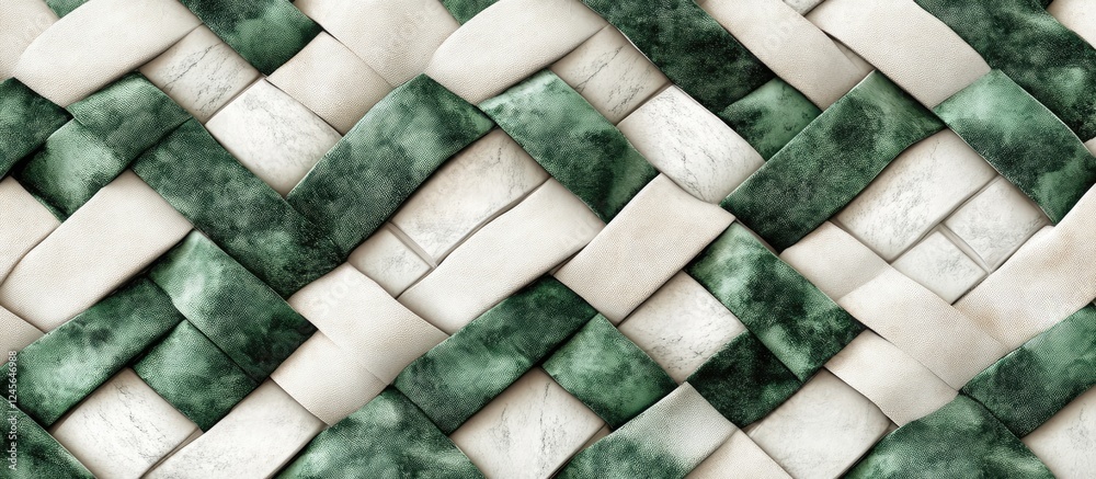 Leinwandbilder Woven texture in green and white showcasing intricate patterns with alternating dark and light tones creating a stylish background design