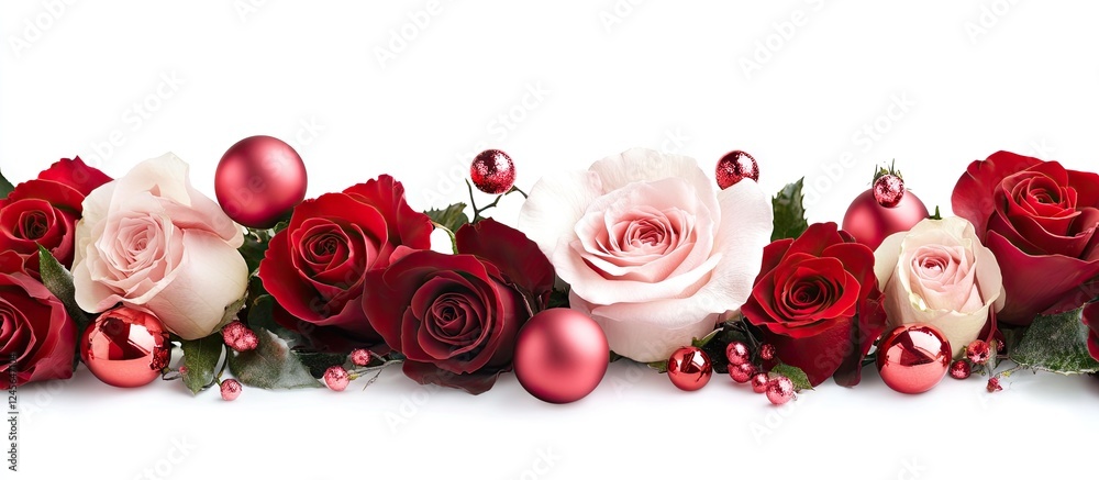Poster vibrant red and pink roses arranged with pink and red ornaments on a white background creating an el