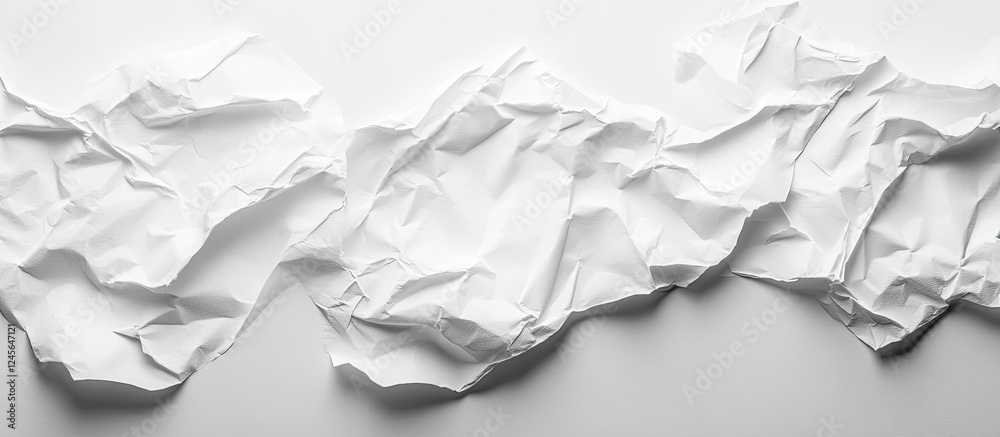 Poster Crumpled white paper backdrop with varying textures positioned horizontally, ideal for showcasing poster designs effectively on a blank canvas.