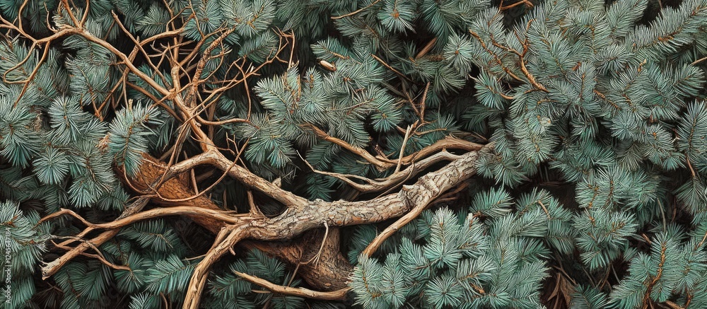 Poster dried brown branches intermingled with lush green hemlock spruce create a textured composition again