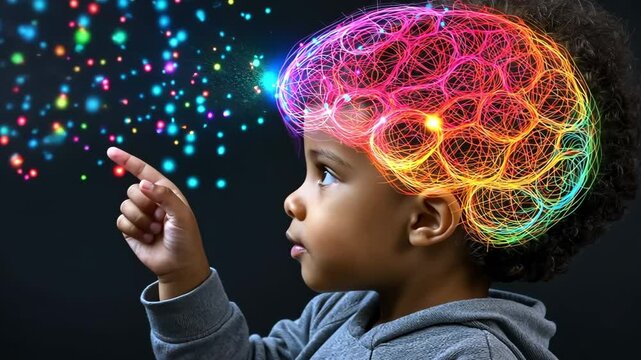 Development of the Baby's Brain: An inquisitive toddler gestures toward a glowing brain graphic