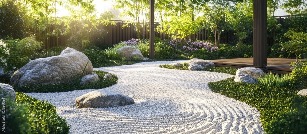 Poster serene zen garden featuring white gravel paths curved around large stones surrounded by lush greener