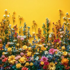 Naklejka premium Realistic photo of a vibrant yellow backdrop with a floral theme The scene features a variety of colorful flowers in full bloom against the bright yellow background