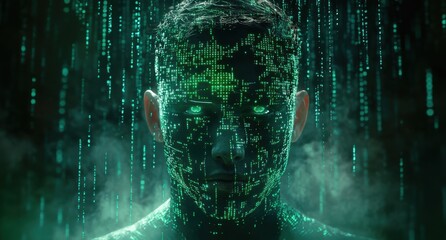 Fototapeta premium Portrait of a person with digital patterns and glowing eyes immersed in an abstract matrix environment, symbolizing technology and innovation